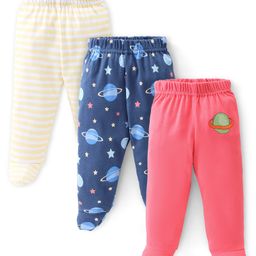 Babyhug Cotton Knit Solid Colour & Planets Printed Bootie Pants Pack of 3 - Multicolour-image-89