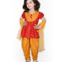 Saka Designs By Sapna Half Sleeves Floral Motif Foil Printed & Lace Embellished    Top  Dhoti And Dupatta Set  - Red & Mustard Yellow-picture-49