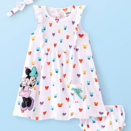 Babyhug Disney 100% Cotton Sleeveless Disney Minnie Mouse Frock with Bloomer and Headband - White-image-1