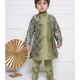 AJ Dezines Raw Silk Full Sleeves Motif Printed Sherwani Set - Pista Green-image-72