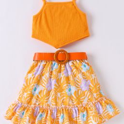 Kookie Kids Cotton Singlet Sleeves Solid Colour  Top & Skirt Set With Floral Print - Yellow-image-78