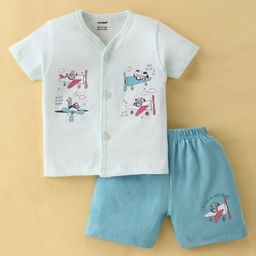 Cucumber Cotton Half Sleeves Night Suit With Airplanes Print - Light Blue-picture-20