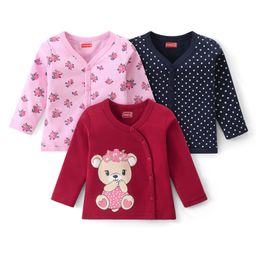 Babyhug 100% Cotton Front Open Set of Vets with Teddy Floral & Polka Dots Print Pack of 3 - Pink Maroon & Navy Blue-image-74