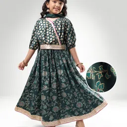 EARTHY TOUCH Woven Full Sleeves Foil Printed Choli Lehenga Set with Dupatta & Lace Detailing - Dark Green-picture-23