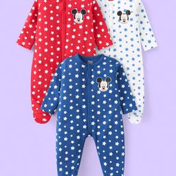 Babyhug Disney Interlock Knit Full Sleeves Sleep Suit with Star Print & Mickey Mouse Graphics Pack of 3 - Red Blue & White-image-3