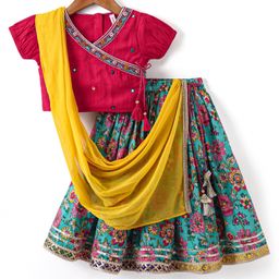 Babyhug Woven Half Sleeves Floral Printed & Embroidered Choli Lehenga Set with Dupatta - Fuschia & Green-image-26
