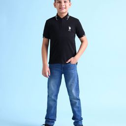 US Polo Assn Cotton Knit Half Sleeves Polo T-Shirt with Logo Print - Black-image-90