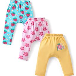 Babyhug Interlock Full Length Comfort Fit Diaper Leggings Floral & Strawberry Print Pack of 3 - Light Blue Light Pink & Yellow-image-49