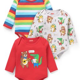 Babyhug 100% Cotton Knit Full Sleeves Striped & Animal Printed Pack of 3 - Red & Light Grey-image-46