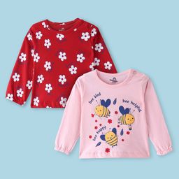 Doodle Poodle 100% Cotton Knit Full Sleeves Floral & Bees Print Tops Pack of 2 - Red & Pink-image-63