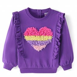 Babyhug Cotton Knit Full Sleeves Solid Coloured Sweatshirt with Heart Embroidery & Frill Detailing - Purple-image-90