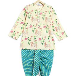 Campana 100% Cotton Full Sleeves Cows & Lotus Printed Dhoti Kurta Set - Off White & Green-image-95