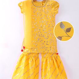 Saka Designs Jacquard Half Puff Sleeves Kurti & Gharara Set with Dupatta Floral Foil Print - Yellow-image-70