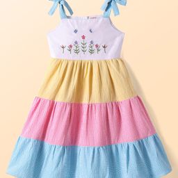 Babyhug Seersucker Woven Sleeveless Checks Frock With Floral Embroidery - Multicolor-image-83