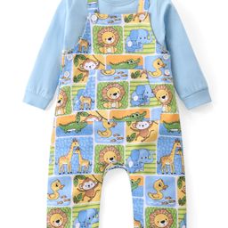 Babyhug Single Jersey Knit Dungaree and Full Sleeves T-Shirt Set Wild Animal Print - Blue-image-78