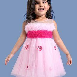 Babyhug Woven Sleeveless Mesh Party Dress with Ruffle Yoke & Floral Applique - Pink-image-6
