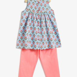Campana 100% Cotton Sleeveless Floral Printed Kurta With Pant Set - Blue & Peach-image-2