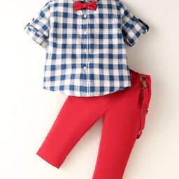 ToffyHouse 100% Cotton Knit Full Sleeves Checks Shirt Trouser with Bow & Suspender - Red & Blue-image-54