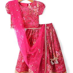 Babyhug Woven Short Puffed Sleeves Embroidered Lehenga Choli & Dupatta Set Floral Print - Dark Pink-image-62