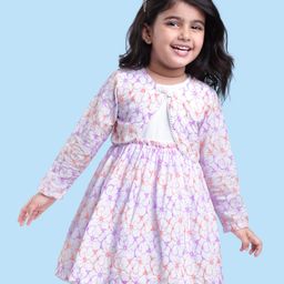 Babyhug Cotton Woven Frock & Full Sleeves Shrug With Floral Print - White-image-95