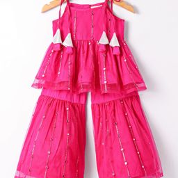 Saka Designs Silk Sleeveless Kurta Gharara Set with Tassle & Sequin Detailing - Dark Pink-image-35