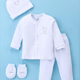 I Bears Interlock Knit Full Sleeves Animal Printed Night Suit With Cap & Mittens - White-12