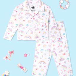 The Mom Store Cotton Knit Full Sleeves Rainbows & Hearts Printed Coordinating Shirt & Pajama Set - White-image-103