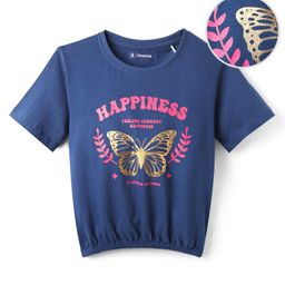 Pine Kids Cotton Knit Half Sleeves T-Shirt with Butterfly Foil Print - Navy Blue-image-55