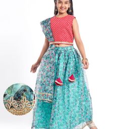 Pine Kids Woven Sleeveless Floral Printed Lehenga Choli & Dupatta Set with Sequin & Lace Detailing - Light Blue & Red-image-73