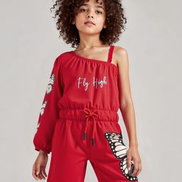 OLLINGTON ST. Cotton Knit One Shoulder Sleeves Short Jumpsuit with Butterfly Print - Red-image-22