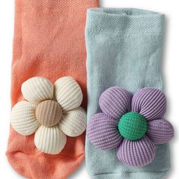 Babyoye Cotton Bamboo Knit Ankle Length Anti Skid Socks with 3D Flower Applique Pack of 2 - Orange & Light Blue-image-53
