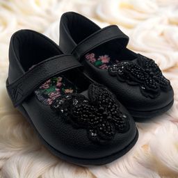 Hopits Beads Embellished & Butterfly Applique Detailed With Velcro Closure Mary Jane Ballerinas - Black-image-7