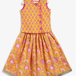 Campana 100% Cotton Woven Floral Printed Lehenga Choli Set - Yellow & Pink-picture-3