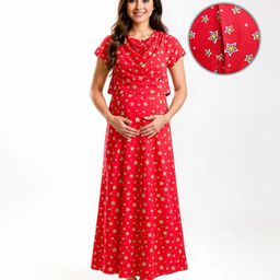 Bella Mama Cotton Knit Half Sleeves Nursing Nighty Star Print - Red-picture-24