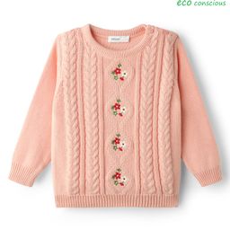 Babyoye 100% Cotton Knit Full Sleeves Pullover Sweater With Floral Embroidery & Cable Knit Design - Peach-picture-28