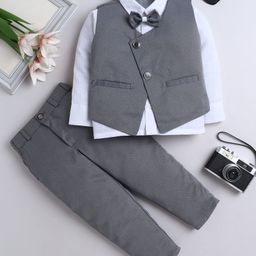 Fourfolds Woven Full Sleeves Solid 3 Piece Party Suit Set With Bow - Grey-image-49
