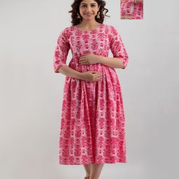 NEVISHA STYLE Cotton Woven Three Fourth Sleeves Floral Printed Maternity Kurta With Side Zipper Nursing Access - Pink-image-90