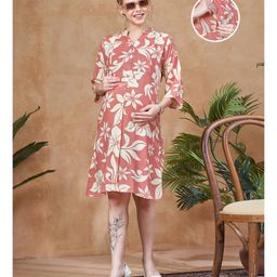 Lovely Mom's Rayon Woven Three Fourth Sleeves Floral Printed Maternity Dress With Nursing Access - Rust-image-8