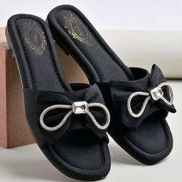 Shoetopia Bow Applique Detailed Stones Embellished Slip On Sandals - Black-image-76