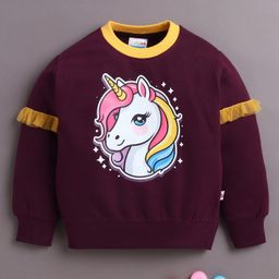 BUMZEE Cotton Knit Full Sleeves Sweatshirt With Frill Detailing & Unicorn Print - Wine-picture-15