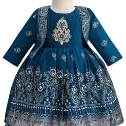 Enfance Floral Printed & Zardozi Patch Detailed Dress With Full Sleeves Jacket - Peacock Blue-picture-3