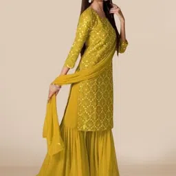 PARROT CREATION Geometric Embroidered Georgette Straight Kurta With Sharara & Dupatta image 3