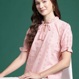 DressBerry Floral Embroidered Schiffli Tie-Up Neck Puff Sleeves Top-image-29