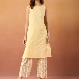 Fabindia Light Yellow Cotton Slim Fit Printed Knee Length Kurta-picture-36