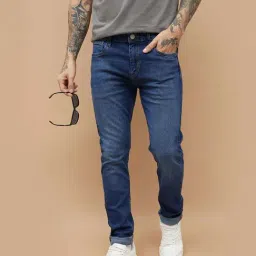 Fame Forever By Lifestyle Mid Blue Cotton Slim Tapered Fit Jeans-picture-46