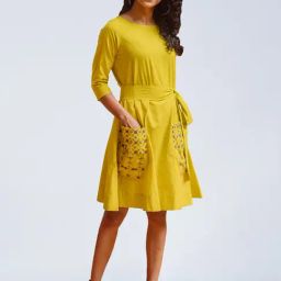 Okhai Sunflower Green Pure Cotton Hand Embroidered A-Line Dress-image-6