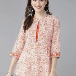 Rain and Rainbow Orange & White Cotton Printed A Line Kurti-image-77