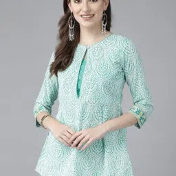 Rain and Rainbow Sea Green & White Cotton Printed A Line Kurti-image-61