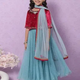 Biba Kids Maroon & Blue Cotton Embroidered Lehenga Cholis-image-6