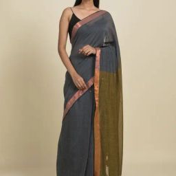 Suta Grey & Green Pure Cotton Zari Work Saree Without Blouse-image-67